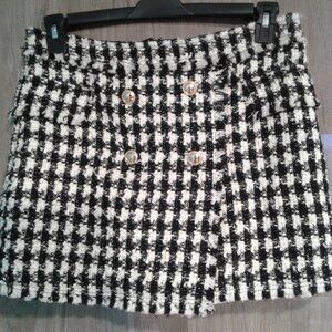 WOMEN MINI SHORTS SKIRT BLACK WHITE PLAID TWEED SIZE M MEDIUM L LARGE WAIST 33"